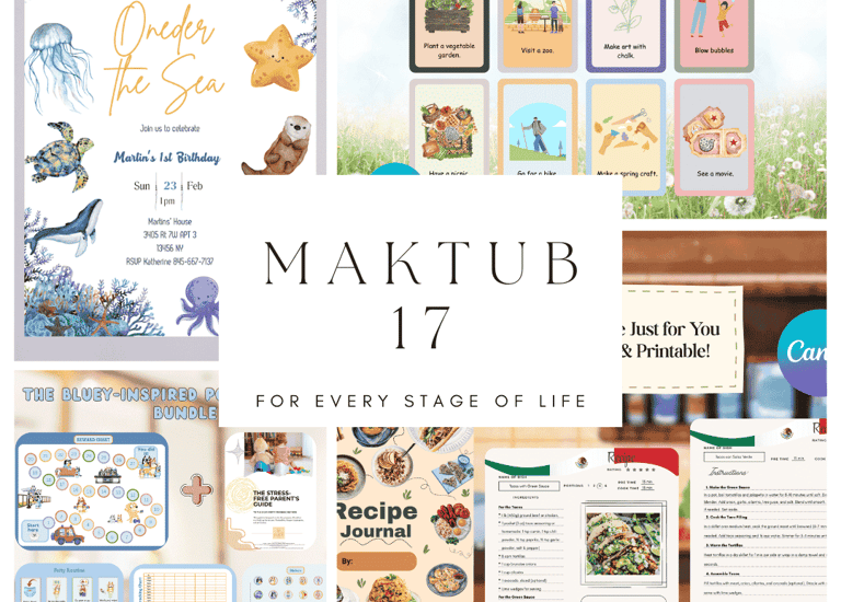 A collection of printable activity cards, birthday invitations, and recipe journals for child development and family