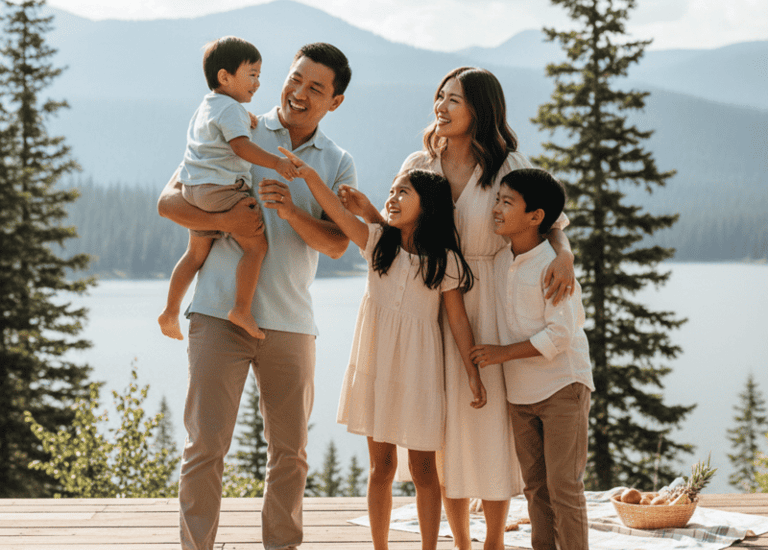 A happy family of five posing on a wooden deck with a mountain lake view for a vacation photo.