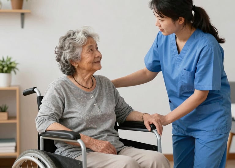 A caregiver assisting an older man with light exercise in his home.