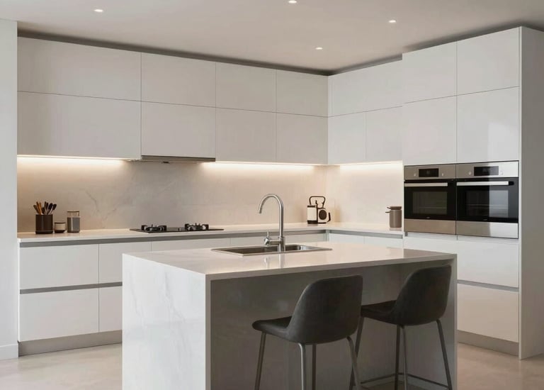 Cocina moderna minimalista blanca con isla de mármol, electrodomésticos integrados e iluminación