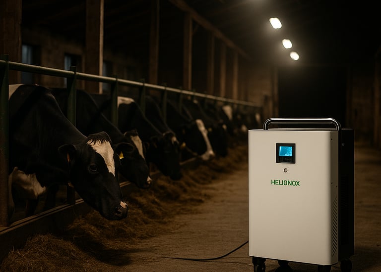 Helionox HX5000 5kW 5kWh portable power station providing backup energy in a cow shed on a farm