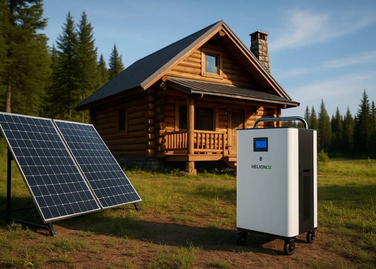 solar power station charging next to an off-grid cabin at dusk, delivering 5kW of backup energy