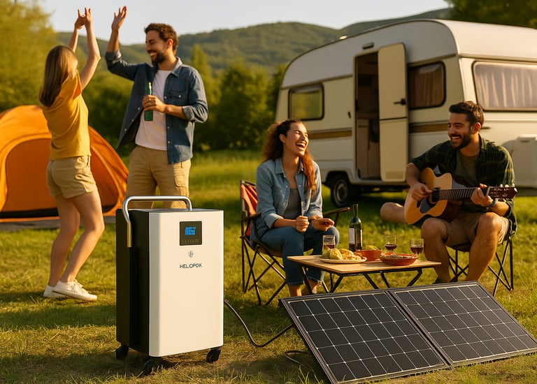 portable 5kW power station powering lights and music at a campsite, showing clean outdoor energy