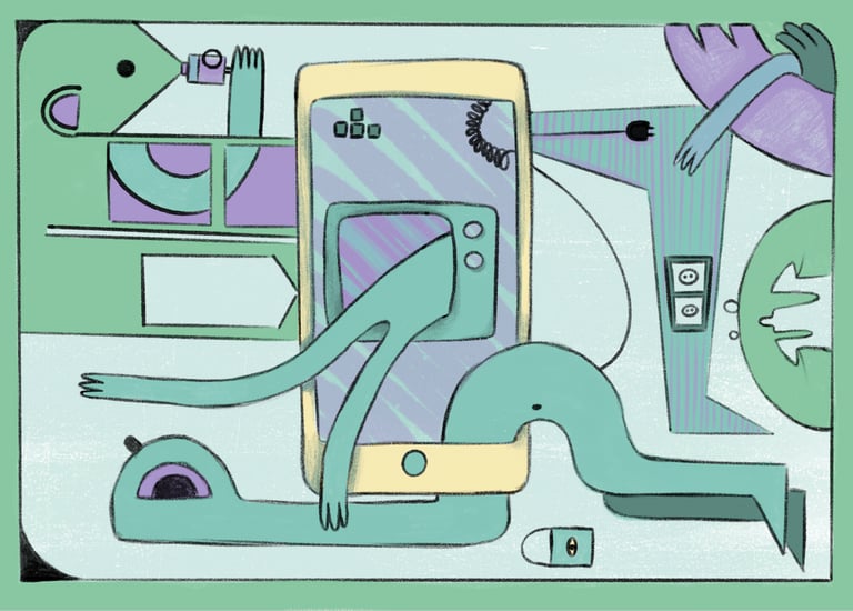 a cartoonish illustration of a man with a phone