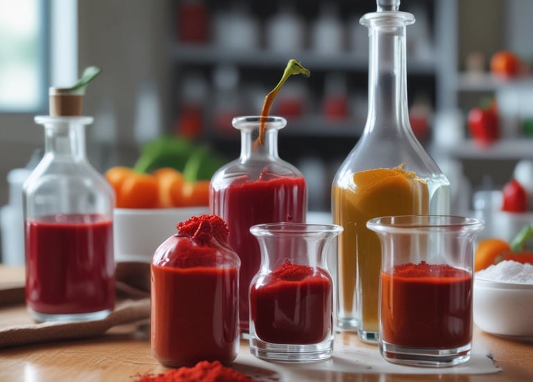 Technicians in white lab coats inspecting chili extract oleoresin samples.