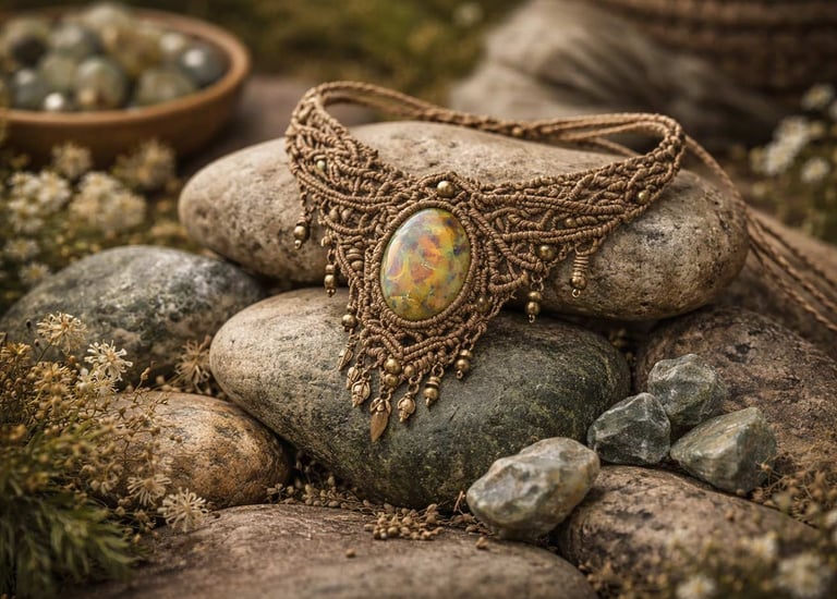 Collar boho de macramé hecho a mano con una piedra de ópalo, descansando sobre piedras naturales.