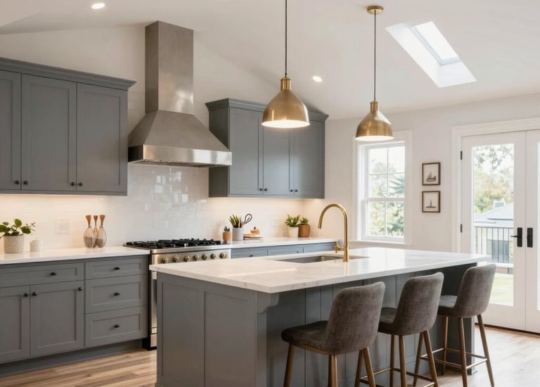 A beautifully remodeled kitchen with warm southern orange accents and sleek blue cabinetry.