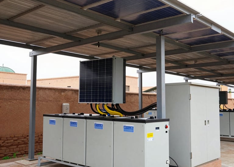 Technician inspecting hybrid solar battery system outdoors.