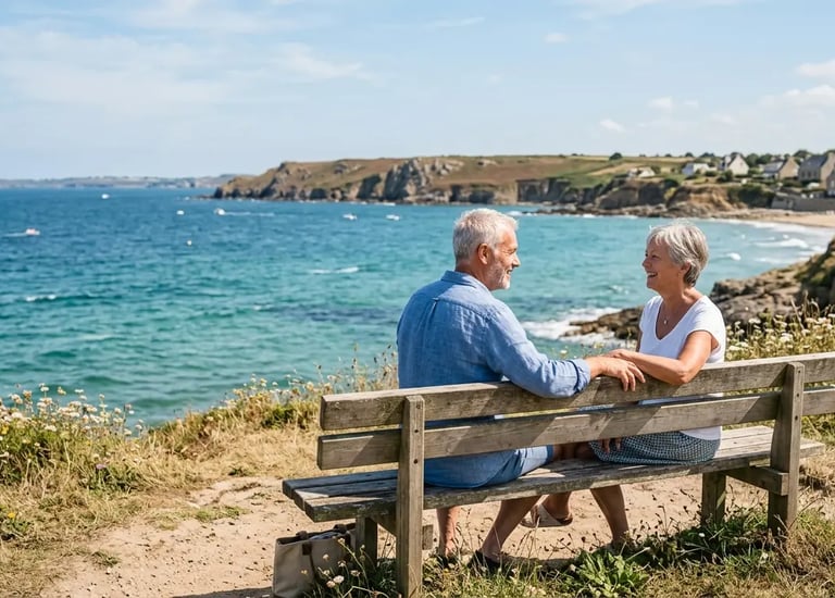 Un couple de seniors assis sur un banc face à la mer, illustrant l'accompagnement de SerenFind & Ins