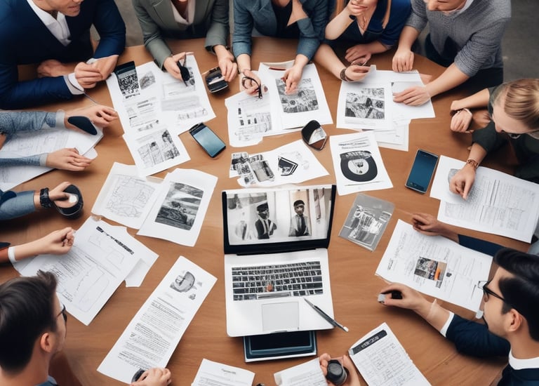 A team brainstorming session with vibrant mood boards.