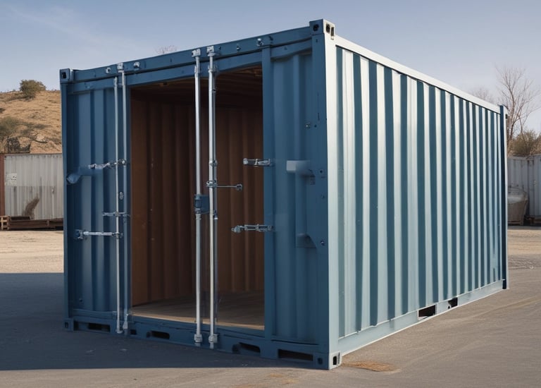 A sturdy dry container stacked in a shipping yard under clear skies.