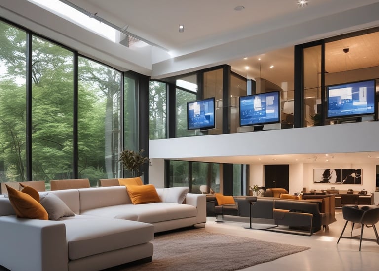 Modern residential building equipped with smart home technology and IP security cameras at dusk.