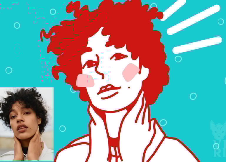 Digital illustration side-by-side with a photo of a woman with curly hair on a blue background.