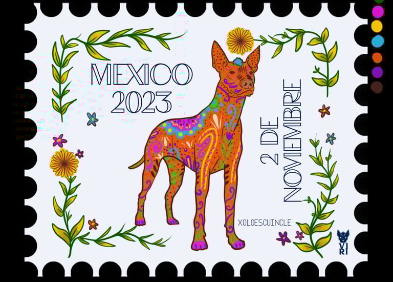 A Mexican postage stamp featuring a colorful alebrije style Xoloitzcuintli dog for Dia de los Muertos.
