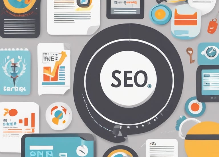 A sleek dashboard showing rising SEO rankings and traffic analytics.