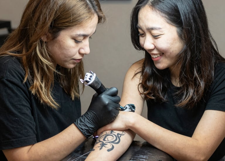 Close-up of a skilled tattoo artist delicately working on an intricate design.