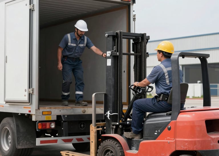 Warehouse workers loading pallets onto a freight truck