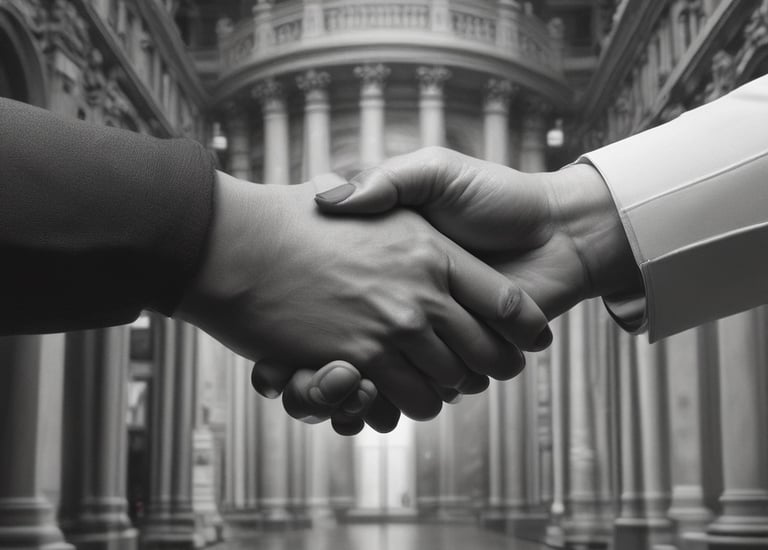 A calm meeting room with a few people discussing quietly around a table.