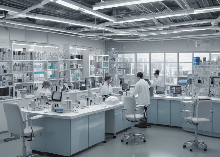 Team of healthcare professionals discussing lab results around a table in a bright, modern room.