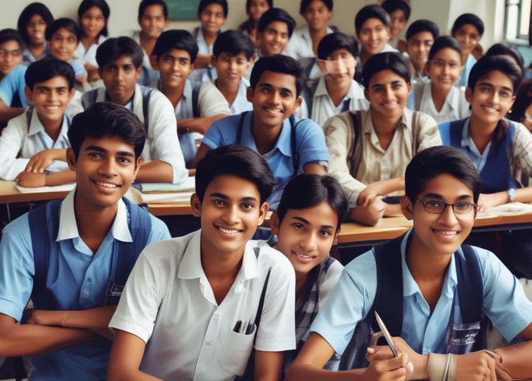 Volunteers distributing school bags and stationery to smiling children.