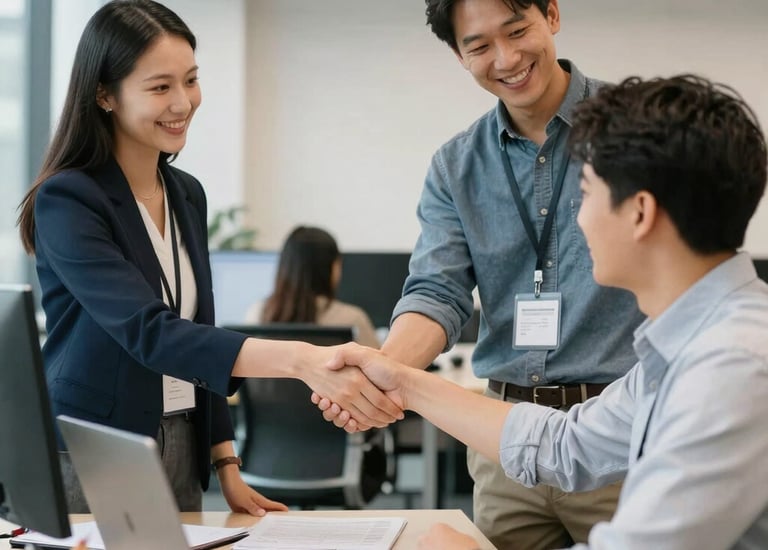 IT contractor meeting with client in a bright office space.