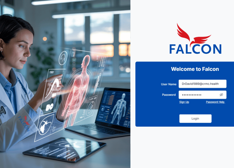 a woman in a lab coat and a laptop computer screen