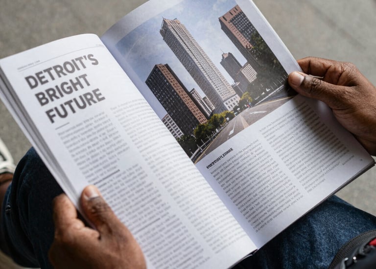 A close-up of hands holding a notebook filled with handwritten community ideas against a backdrop of Detroit street art.