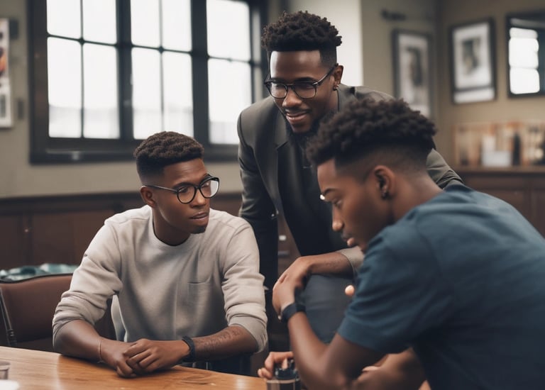 A group of men mentoring young boys in a community center.