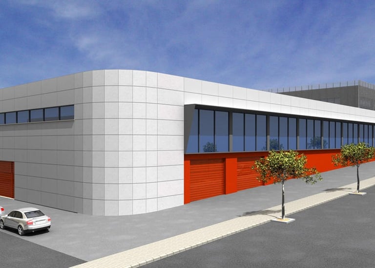 a building with a red door and a car parked in front of it