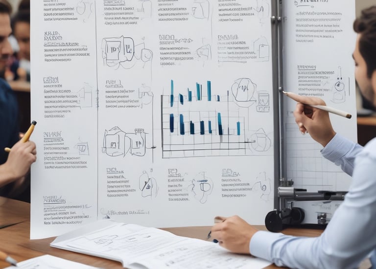 A diverse team collaborating over hospitality project plans in a modern office.