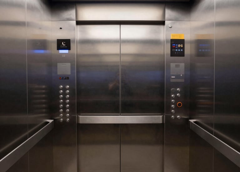 A panoramic glass elevator moving between floors with city skyline in background.