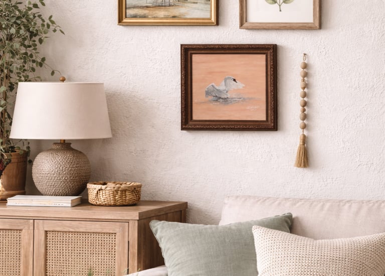 Swan Oil Painting in Warm tone Frame set in complimentary neutral style palette