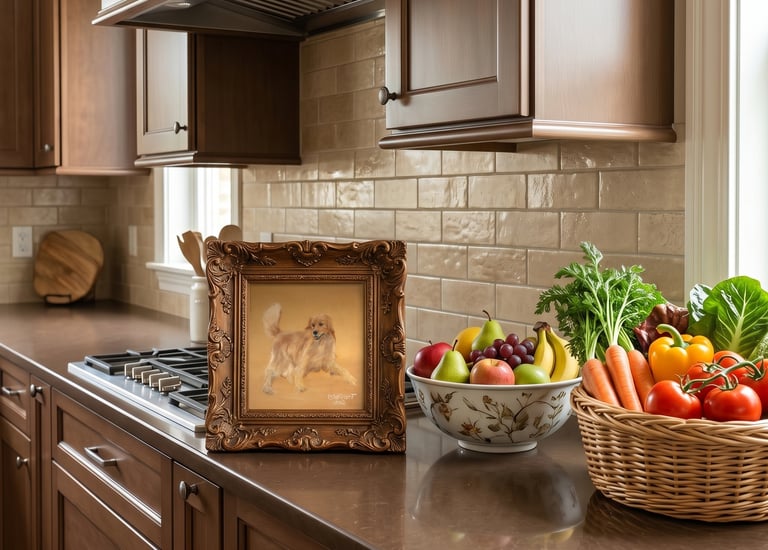 Inviting kitchen with fruit, veggies and oil paintings. 