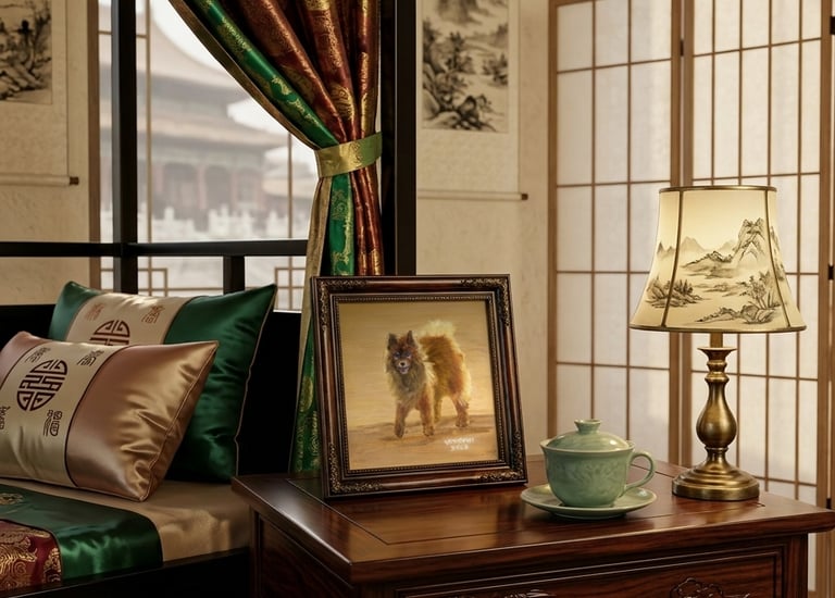 Oil painting in Asian styled bedroom with Eurasier dog oil painting