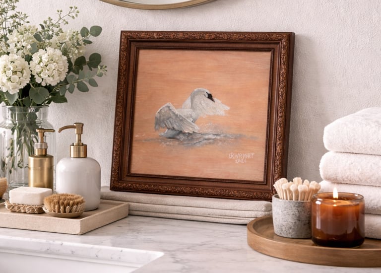 Framed swan oil painting on a marble bathroom vanity with spa decor and a lit candle.
