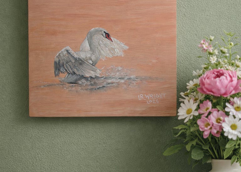 Swan Oil Painting with no frame on sage green entry foyer wall