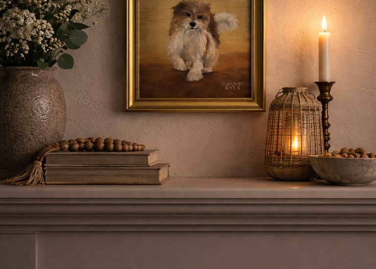 Gold Framed terrier dog oil painting on a fireplace mantel with lit candles and rustic home decor.