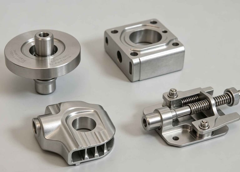 Precision CNC machined stainless steel mechanical parts and industrial hardware components.
