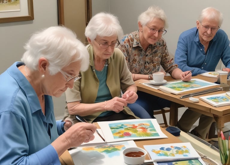A group of participants smiling while painting colorful canvases together.