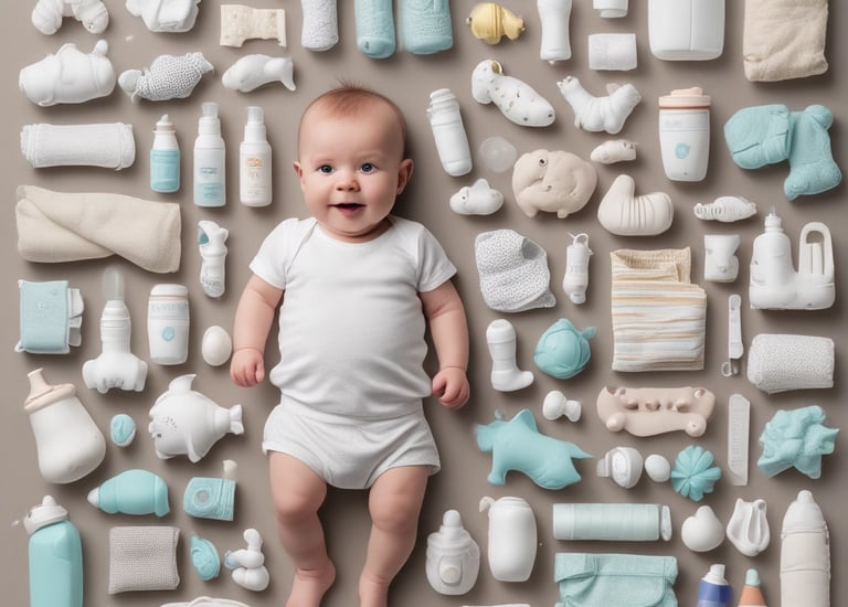 A colorful display of baby products such as bottles and toys stacked in boxes.