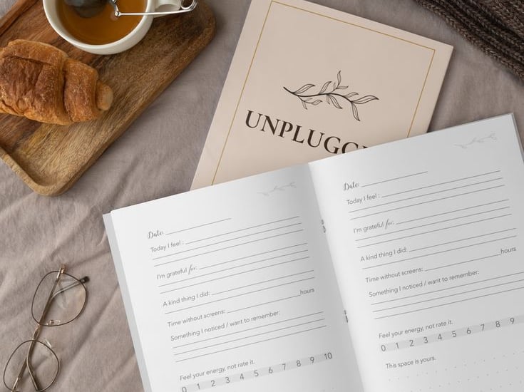 Open journal & tea on a neutral surface, representing a quiet pause for parental self-reflection