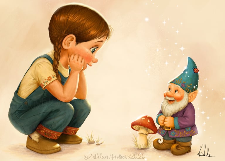 Illustration of a young girl with brown braided hair crouching down and smiling warmly at a cheerful garden gnome.