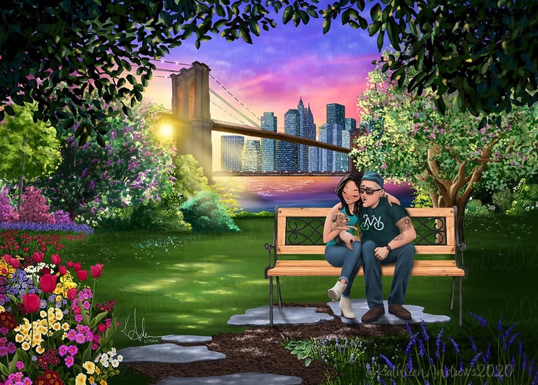 Romantic illustration couple on park bench with dog yorkie brooklyn bridge new york artwork art