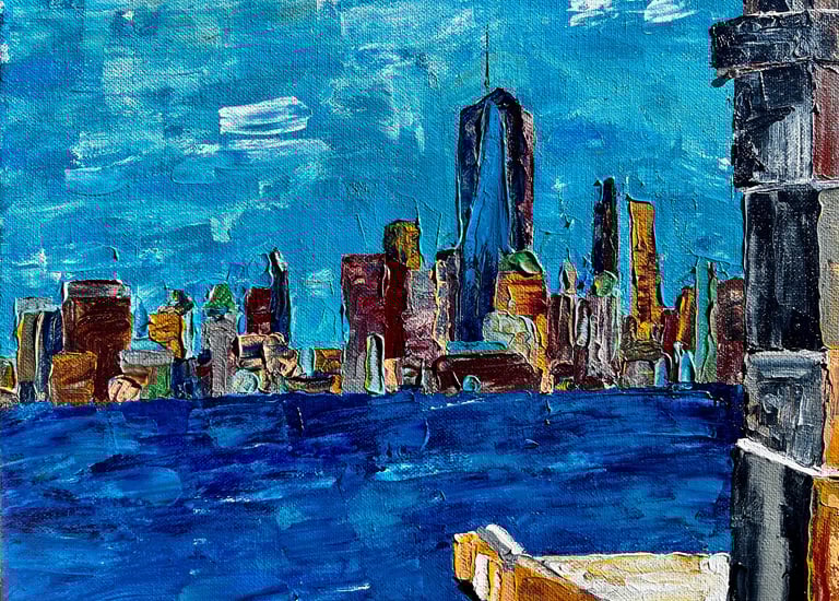 a painting of NYC skyline with a view of New York City