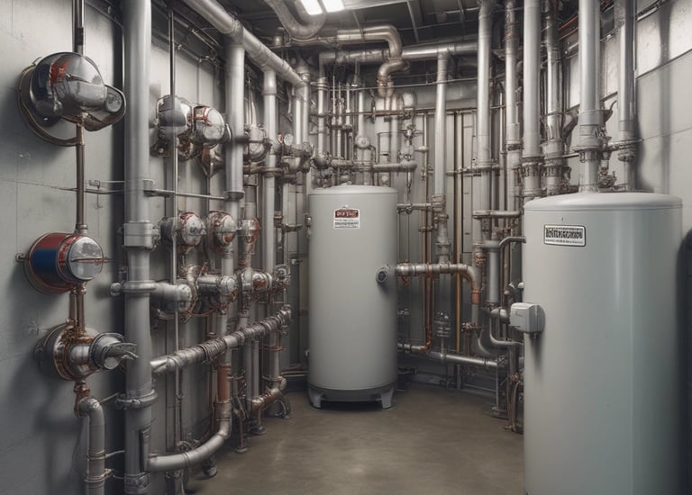 Complex metallic piping system with various hoses and clamps, connected to mechanical components, suggesting an engine or machinery. The arrangement includes multiple curved pipes and wires.
