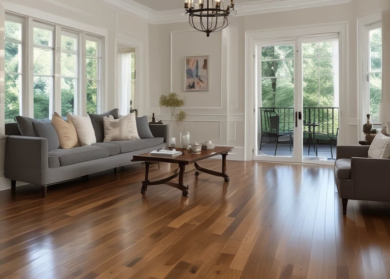 A cozy living room with new flooring and paint.