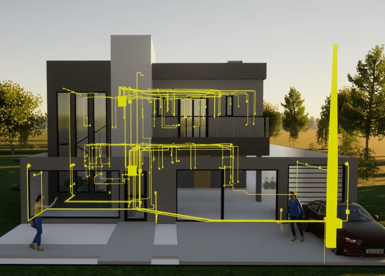 a house with a yellow wire fence and a car in the background
