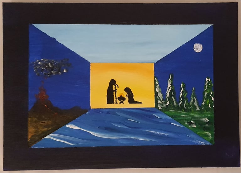 Réf : NAT240911. Nativité et 4 éléments,. support bois 30x21cm. 40€.