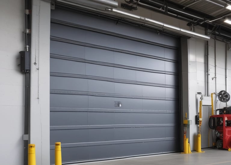 A red corrugated metal garage door with a smaller, matching door integrated into it. The surface is uniform with horizontal ridges and a few visible bolts and handles.