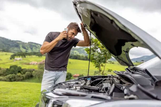 a man is talking on the phone while he is looking at the car